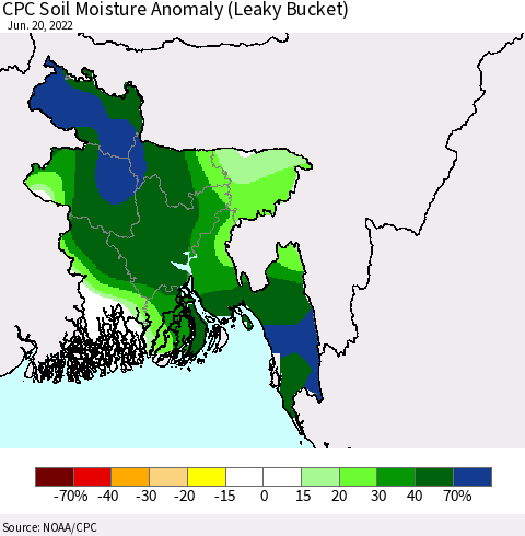 Bangladesh CPC Soil Moisture Anomaly (Leaky Bucket) Thematic Map For 6/16/2022 - 6/20/2022