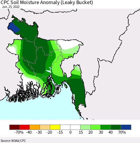 Bangladesh CPC Soil Moisture Anomaly (Leaky Bucket) Thematic Map For 6/21/2022 - 6/25/2022