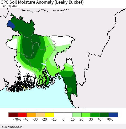 Bangladesh CPC Soil Moisture Anomaly (Leaky Bucket) Thematic Map For 6/26/2022 - 6/30/2022