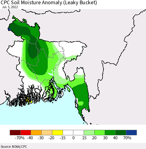 Bangladesh CPC Soil Moisture Anomaly (Leaky Bucket) Thematic Map For 7/1/2022 - 7/5/2022