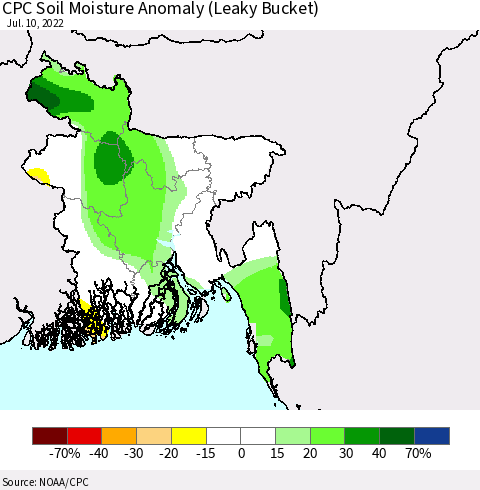Bangladesh CPC Soil Moisture Anomaly (Leaky Bucket) Thematic Map For 7/6/2022 - 7/10/2022