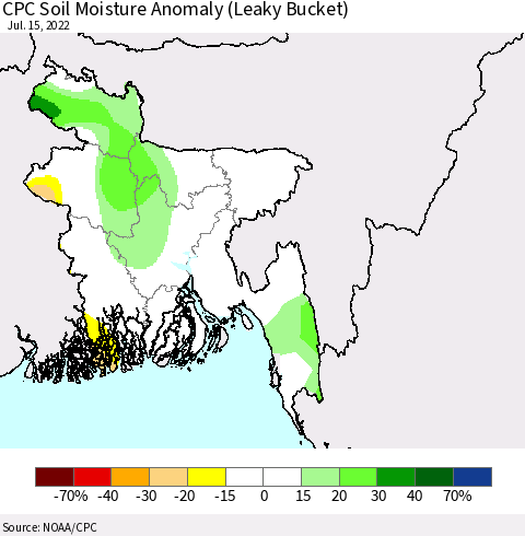 Bangladesh CPC Soil Moisture Anomaly (Leaky Bucket) Thematic Map For 7/11/2022 - 7/15/2022