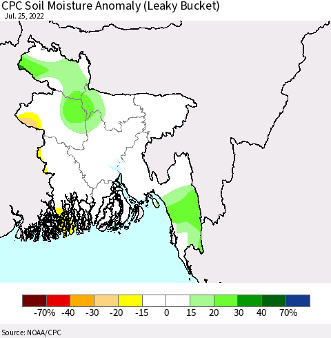 Bangladesh CPC Soil Moisture Anomaly (Leaky Bucket) Thematic Map For 7/21/2022 - 7/25/2022