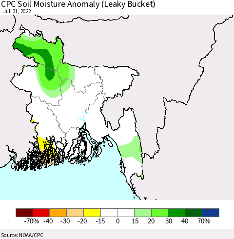 Bangladesh CPC Soil Moisture Anomaly (Leaky Bucket) Thematic Map For 7/26/2022 - 7/31/2022