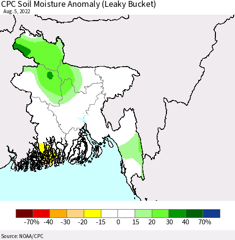 Bangladesh CPC Soil Moisture Anomaly (Leaky Bucket) Thematic Map For 8/1/2022 - 8/5/2022