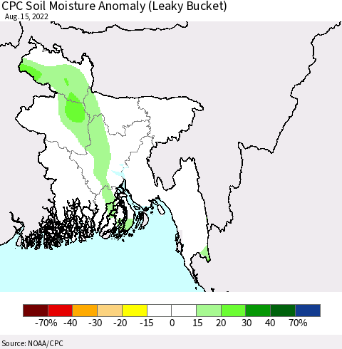 Bangladesh CPC Soil Moisture Anomaly (Leaky Bucket) Thematic Map For 8/11/2022 - 8/15/2022