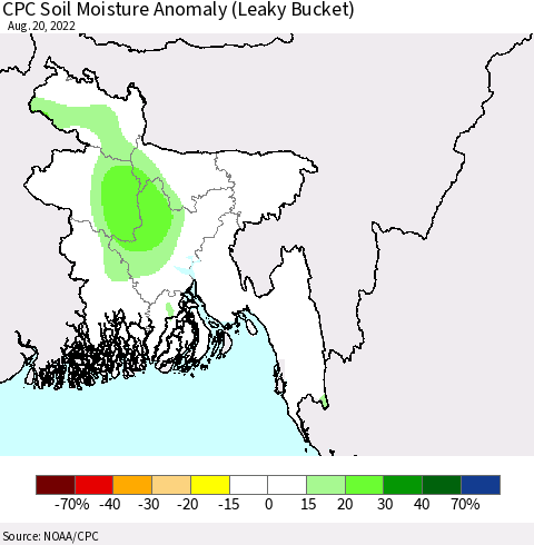Bangladesh CPC Soil Moisture Anomaly (Leaky Bucket) Thematic Map For 8/16/2022 - 8/20/2022