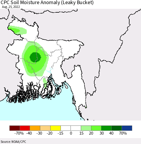 Bangladesh CPC Soil Moisture Anomaly (Leaky Bucket) Thematic Map For 8/21/2022 - 8/25/2022