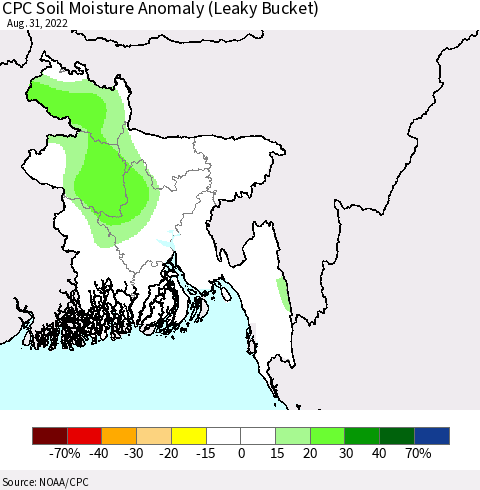 Bangladesh CPC Soil Moisture Anomaly (Leaky Bucket) Thematic Map For 8/26/2022 - 8/31/2022