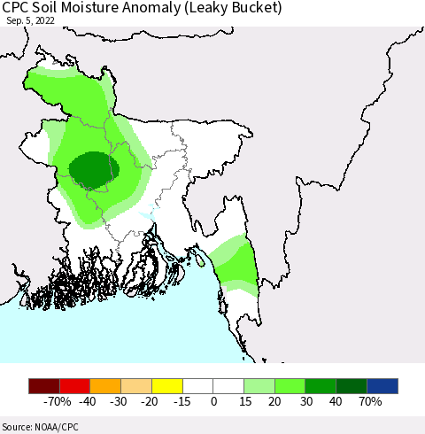 Bangladesh CPC Soil Moisture Anomaly (Leaky Bucket) Thematic Map For 9/1/2022 - 9/5/2022