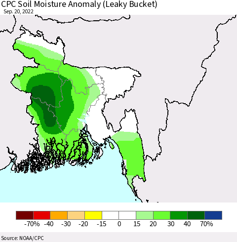 Bangladesh CPC Soil Moisture Anomaly (Leaky Bucket) Thematic Map For 9/16/2022 - 9/20/2022