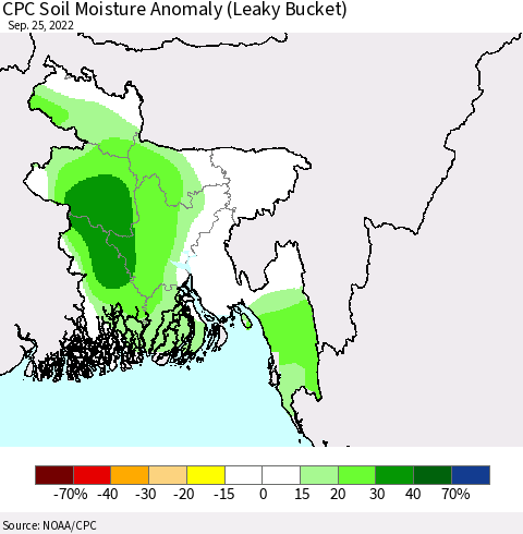 Bangladesh CPC Soil Moisture Anomaly (Leaky Bucket) Thematic Map For 9/21/2022 - 9/25/2022