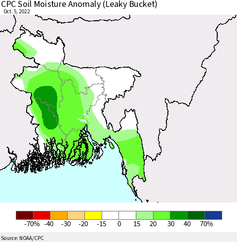 Bangladesh CPC Soil Moisture Anomaly (Leaky Bucket) Thematic Map For 10/1/2022 - 10/5/2022
