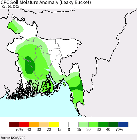 Bangladesh CPC Soil Moisture Anomaly (Leaky Bucket) Thematic Map For 10/6/2022 - 10/10/2022