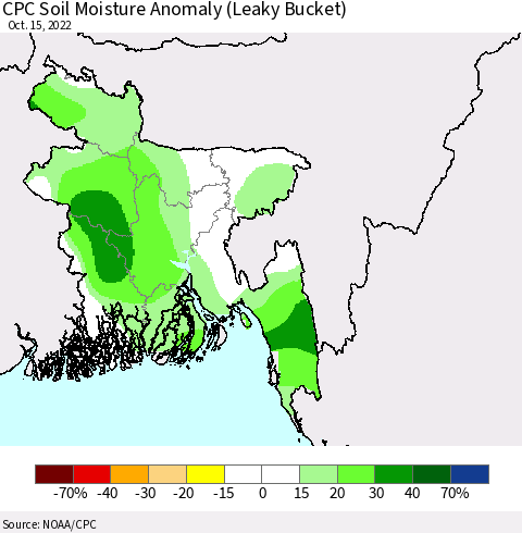 Bangladesh CPC Soil Moisture Anomaly (Leaky Bucket) Thematic Map For 10/11/2022 - 10/15/2022