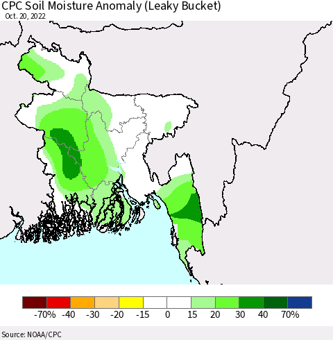 Bangladesh CPC Soil Moisture Anomaly (Leaky Bucket) Thematic Map For 10/16/2022 - 10/20/2022