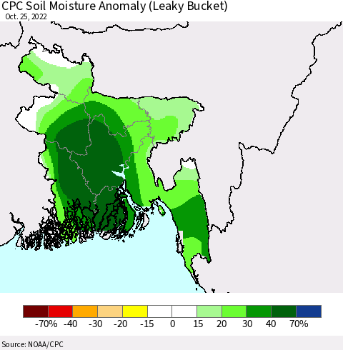 Bangladesh CPC Soil Moisture Anomaly (Leaky Bucket) Thematic Map For 10/21/2022 - 10/25/2022