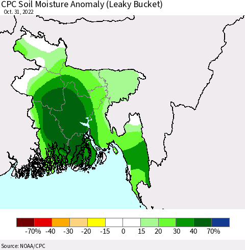 Bangladesh CPC Soil Moisture Anomaly (Leaky Bucket) Thematic Map For 10/26/2022 - 10/31/2022