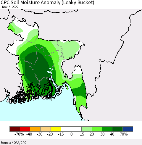 Bangladesh CPC Soil Moisture Anomaly (Leaky Bucket) Thematic Map For 11/1/2022 - 11/5/2022