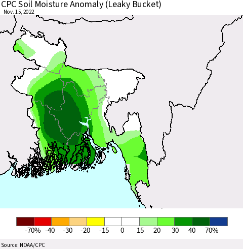Bangladesh CPC Soil Moisture Anomaly (Leaky Bucket) Thematic Map For 11/11/2022 - 11/15/2022