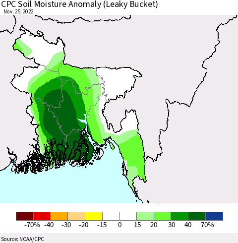 Bangladesh CPC Soil Moisture Anomaly (Leaky Bucket) Thematic Map For 11/21/2022 - 11/25/2022