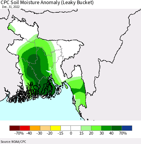 Bangladesh CPC Soil Moisture Anomaly (Leaky Bucket) Thematic Map For 12/26/2022 - 12/31/2022