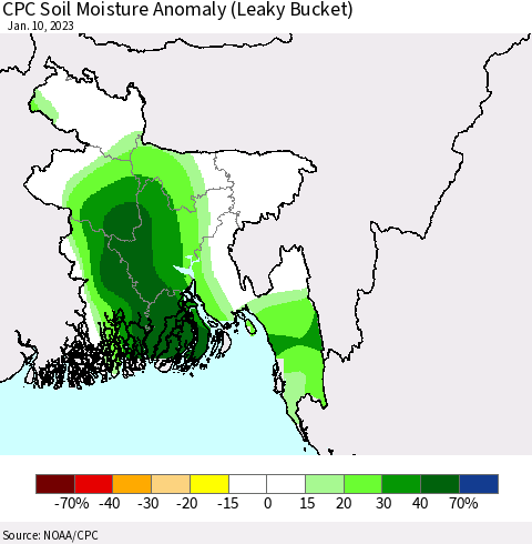 Bangladesh CPC Soil Moisture Anomaly (Leaky Bucket) Thematic Map For 1/6/2023 - 1/10/2023