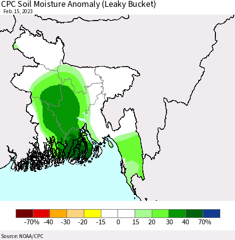 Bangladesh CPC Soil Moisture Anomaly (Leaky Bucket) Thematic Map For 2/11/2023 - 2/15/2023