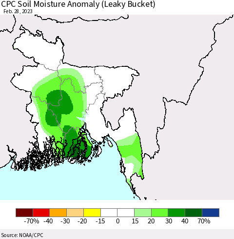 Bangladesh CPC Soil Moisture Anomaly (Leaky Bucket) Thematic Map For 2/26/2023 - 2/28/2023