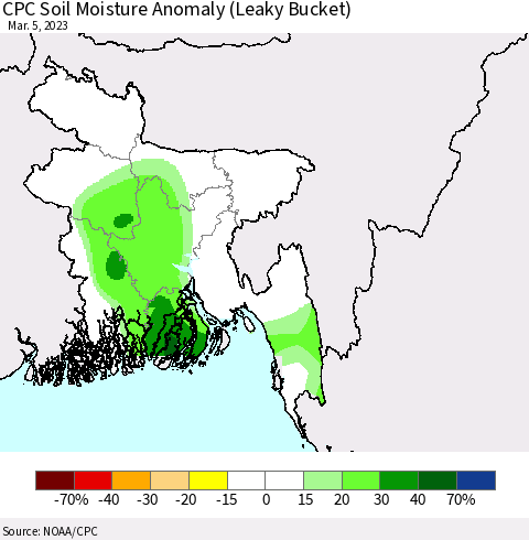 Bangladesh CPC Soil Moisture Anomaly (Leaky Bucket) Thematic Map For 3/1/2023 - 3/5/2023
