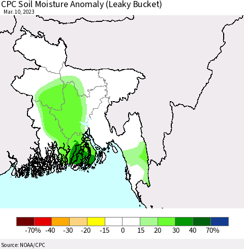 Bangladesh CPC Soil Moisture Anomaly (Leaky Bucket) Thematic Map For 3/6/2023 - 3/10/2023