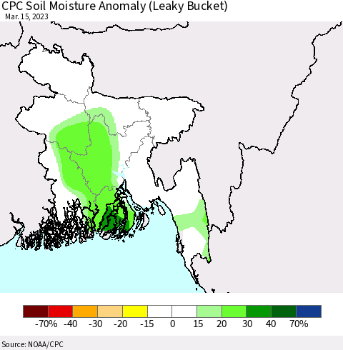 Bangladesh CPC Soil Moisture Anomaly (Leaky Bucket) Thematic Map For 3/11/2023 - 3/15/2023