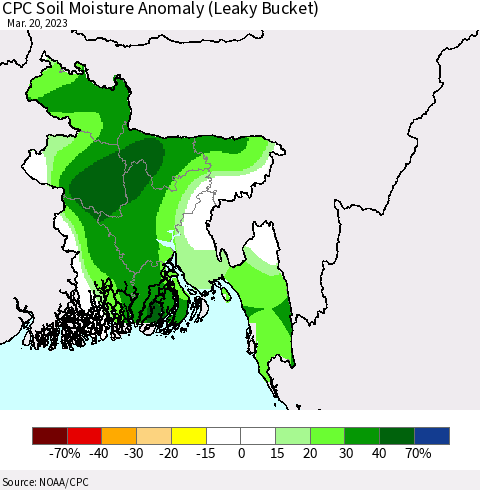 Bangladesh CPC Soil Moisture Anomaly (Leaky Bucket) Thematic Map For 3/16/2023 - 3/20/2023
