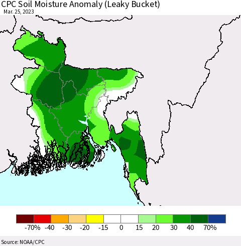 Bangladesh CPC Soil Moisture Anomaly (Leaky Bucket) Thematic Map For 3/21/2023 - 3/25/2023