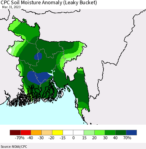 Bangladesh CPC Soil Moisture Anomaly (Leaky Bucket) Thematic Map For 3/26/2023 - 3/31/2023