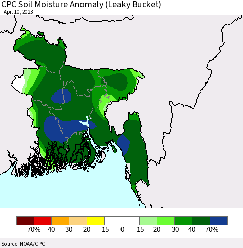 Bangladesh CPC Soil Moisture Anomaly (Leaky Bucket) Thematic Map For 4/6/2023 - 4/10/2023