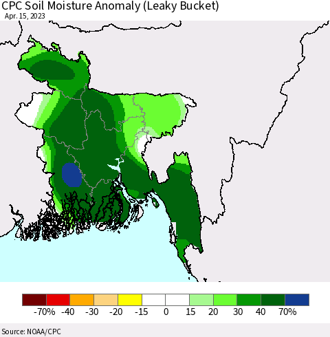 Bangladesh CPC Soil Moisture Anomaly (Leaky Bucket) Thematic Map For 4/11/2023 - 4/15/2023