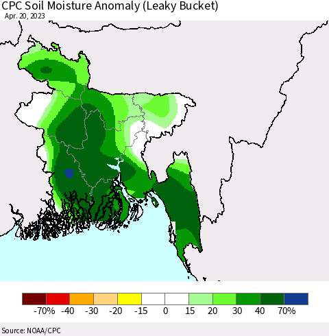 Bangladesh CPC Soil Moisture Anomaly (Leaky Bucket) Thematic Map For 4/16/2023 - 4/20/2023