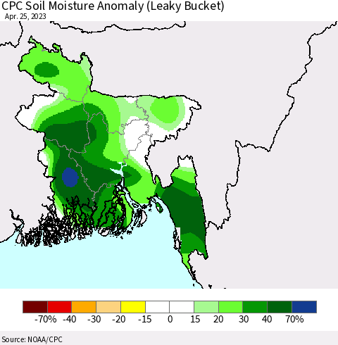 Bangladesh CPC Soil Moisture Anomaly (Leaky Bucket) Thematic Map For 4/21/2023 - 4/25/2023