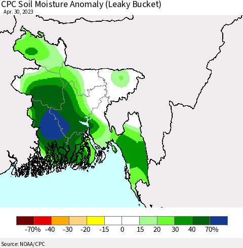 Bangladesh CPC Soil Moisture Anomaly (Leaky Bucket) Thematic Map For 4/26/2023 - 4/30/2023