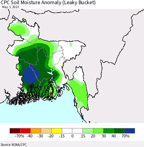 Bangladesh CPC Soil Moisture Anomaly (Leaky Bucket) Thematic Map For 5/1/2023 - 5/5/2023