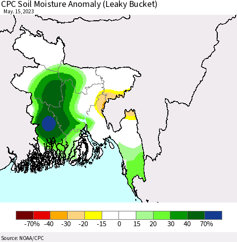 Bangladesh CPC Soil Moisture Anomaly (Leaky Bucket) Thematic Map For 5/11/2023 - 5/15/2023