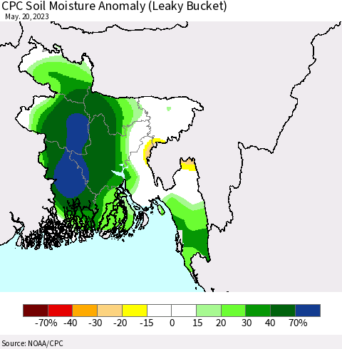 Bangladesh CPC Soil Moisture Anomaly (Leaky Bucket) Thematic Map For 5/16/2023 - 5/20/2023