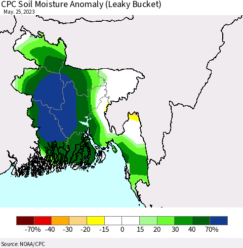 Bangladesh CPC Soil Moisture Anomaly (Leaky Bucket) Thematic Map For 5/21/2023 - 5/25/2023