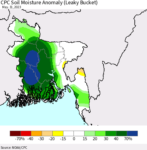 Bangladesh CPC Soil Moisture Anomaly (Leaky Bucket) Thematic Map For 5/26/2023 - 5/31/2023