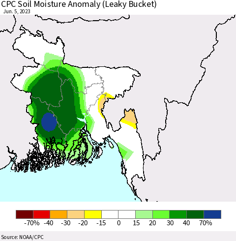 Bangladesh CPC Soil Moisture Anomaly (Leaky Bucket) Thematic Map For 6/1/2023 - 6/5/2023