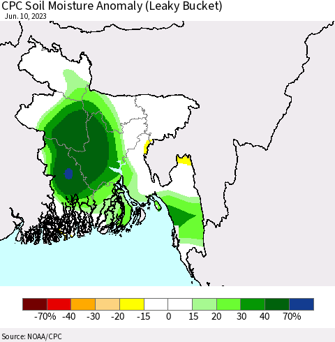 Bangladesh CPC Soil Moisture Anomaly (Leaky Bucket) Thematic Map For 6/6/2023 - 6/10/2023
