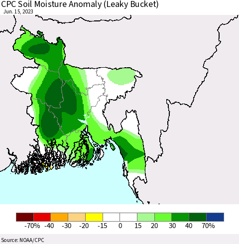 Bangladesh CPC Soil Moisture Anomaly (Leaky Bucket) Thematic Map For 6/11/2023 - 6/15/2023