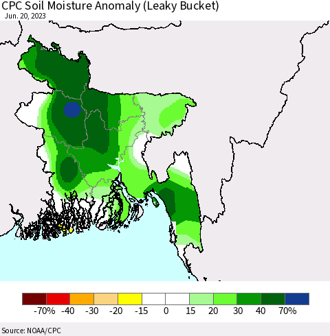 Bangladesh CPC Soil Moisture Anomaly (Leaky Bucket) Thematic Map For 6/16/2023 - 6/20/2023