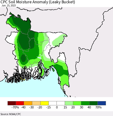 Bangladesh CPC Soil Moisture Anomaly (Leaky Bucket) Thematic Map For 6/21/2023 - 6/25/2023